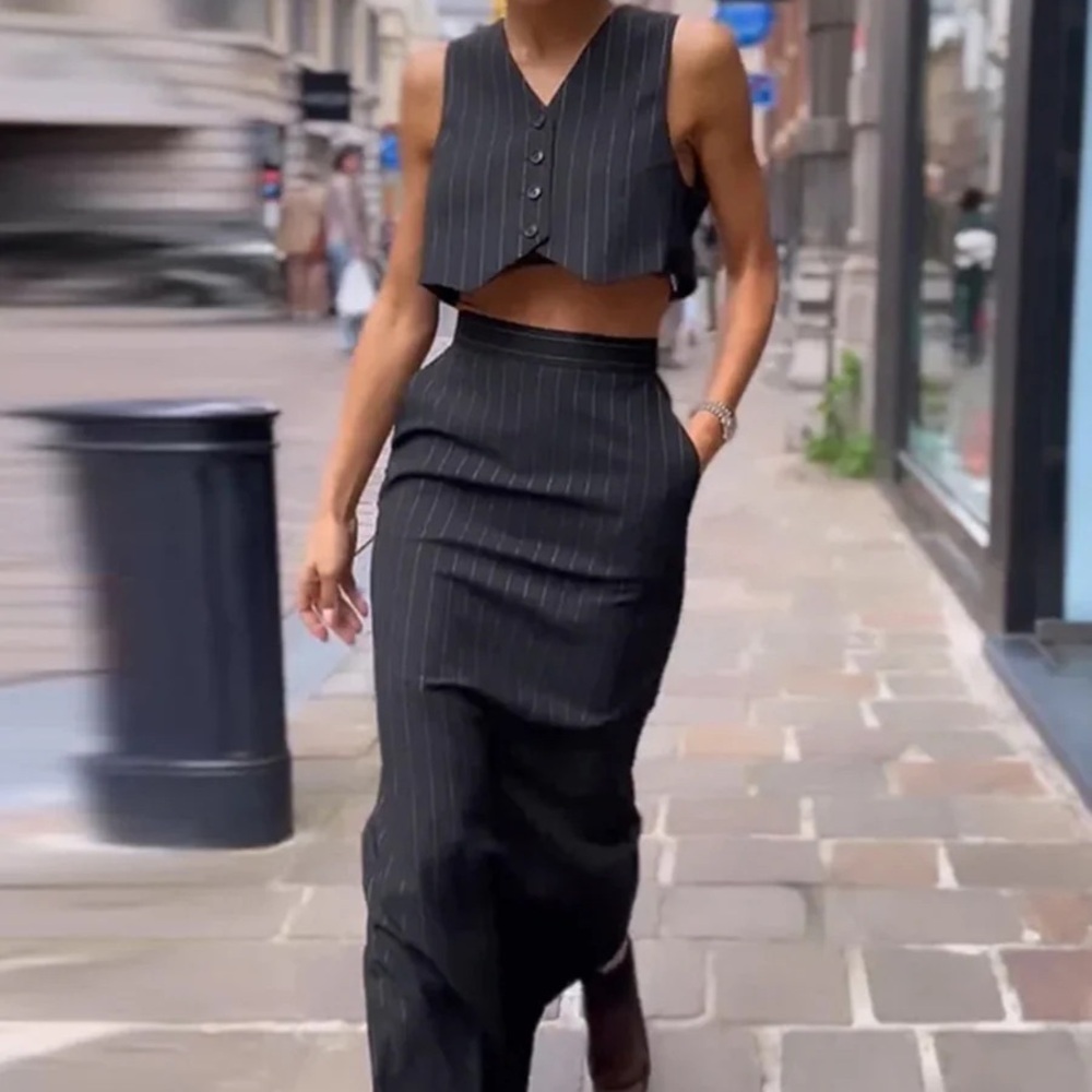Elegant Black Pinstripe Skirt Set
